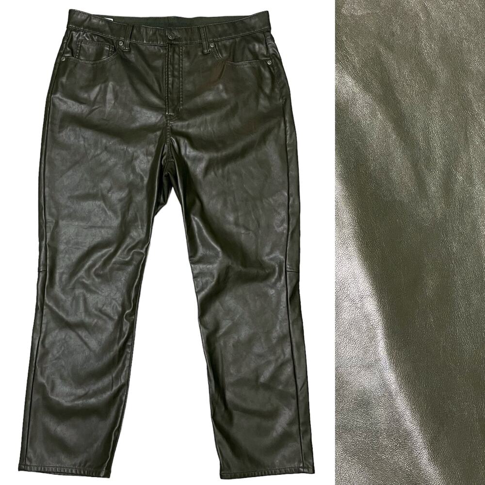 GAP Vintage Slim High Rise Vegan Faux Leather Pants Olive Green 16 / 33 Short